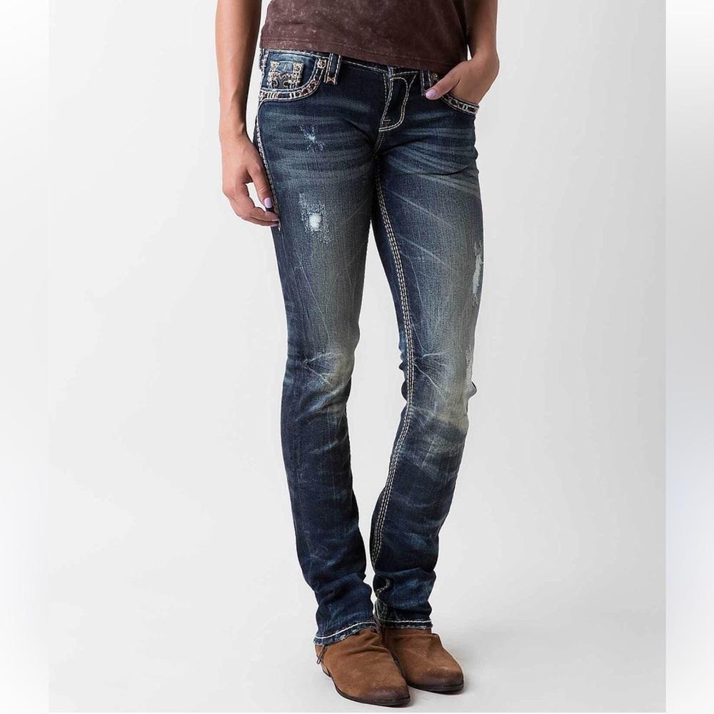 Rock Revival Elvina Straight Mid-Rise Distressed Jeans-Y2K Western Moto Edgy